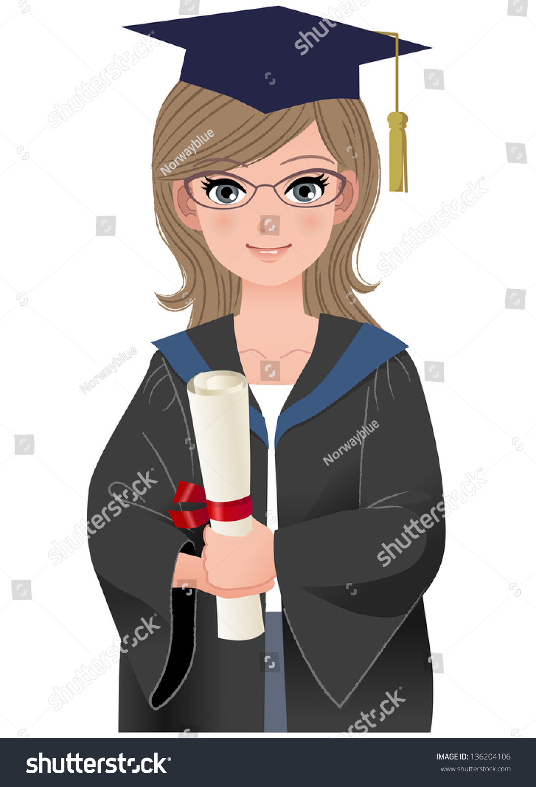 快乐的女研究生学位服拿着文凭.文件包含梯度,混合和.