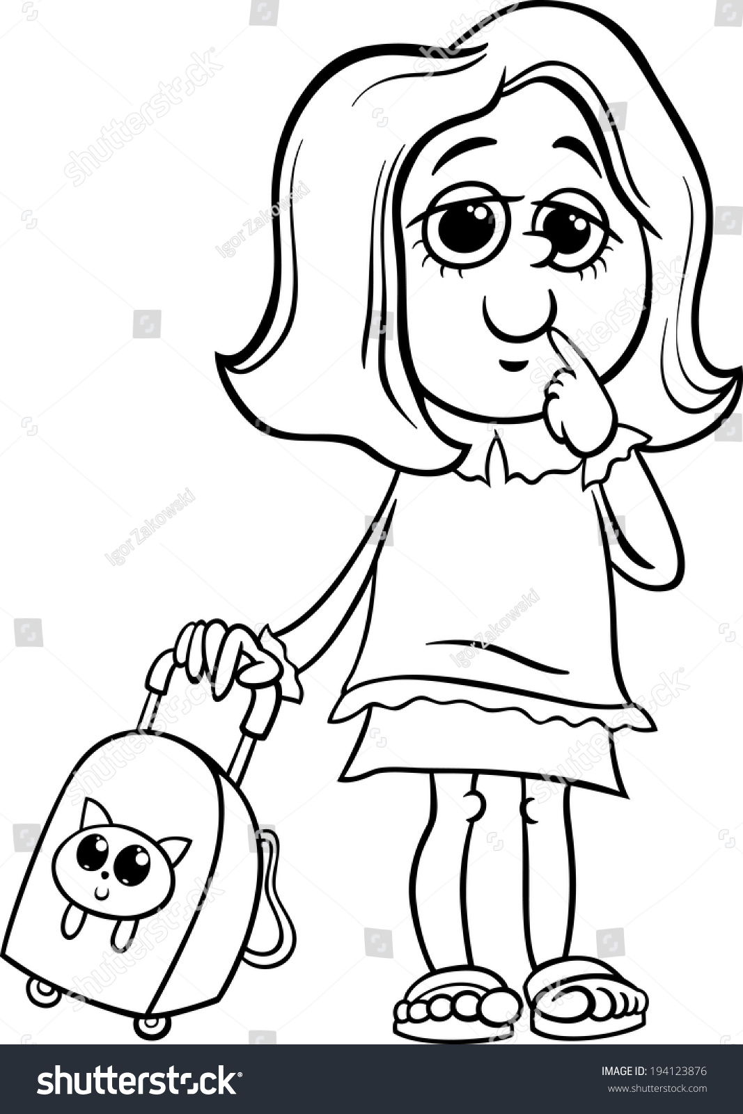 黑白漫画插图的小学生的女孩包着色书-教育,人物-海洛
