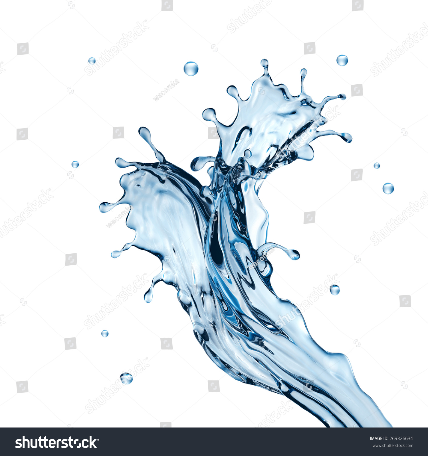 3 d抽象的动水溅,蓝色的水,透明液体飞溅孤立在