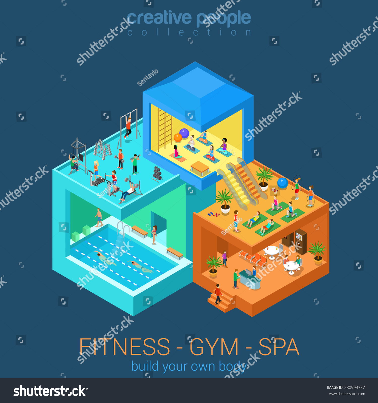 平3 d等距文摘健身房健身水疗沙龙中心楼内部