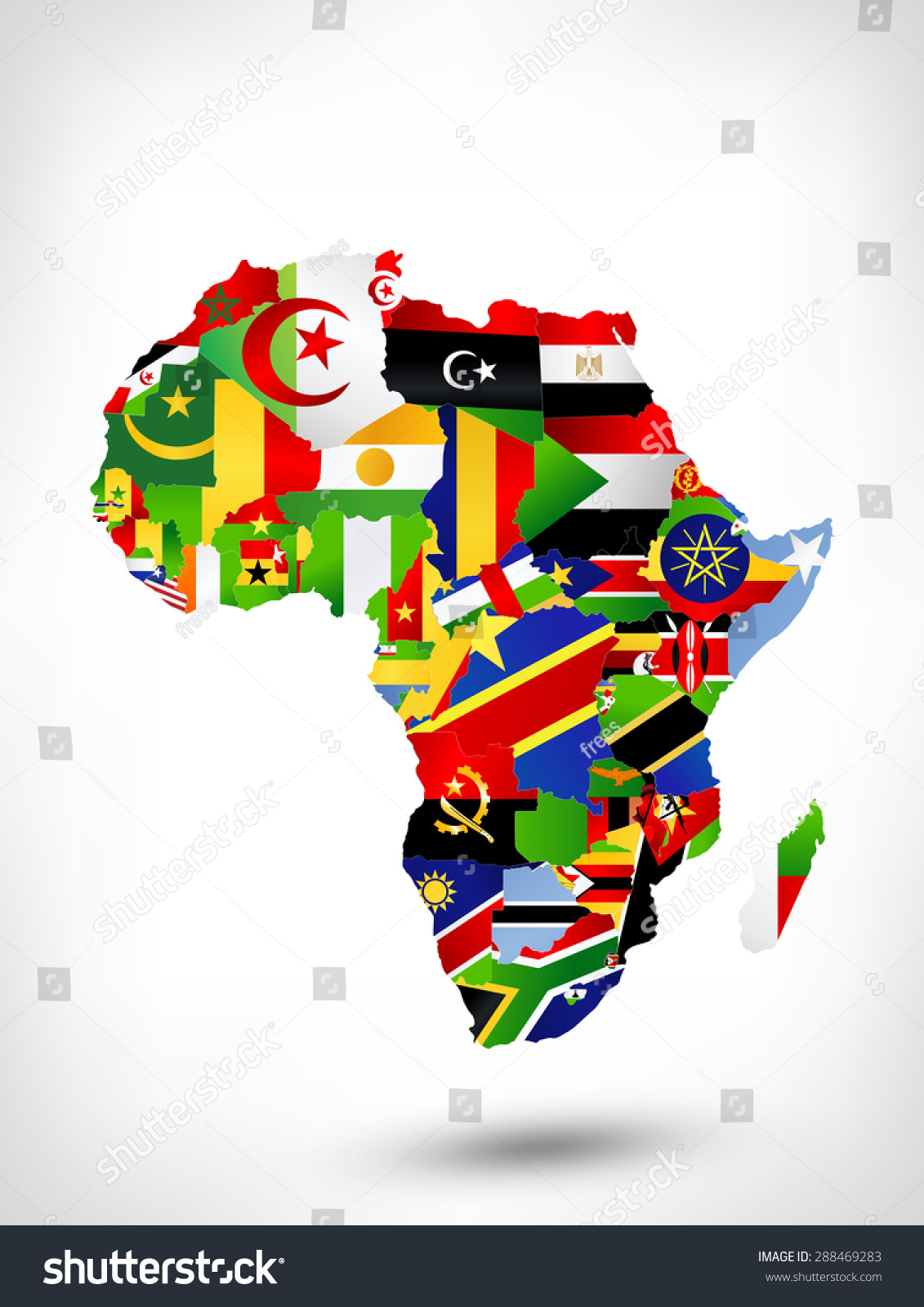 非洲地图与国旗,世界地图上的位置。光栅的版