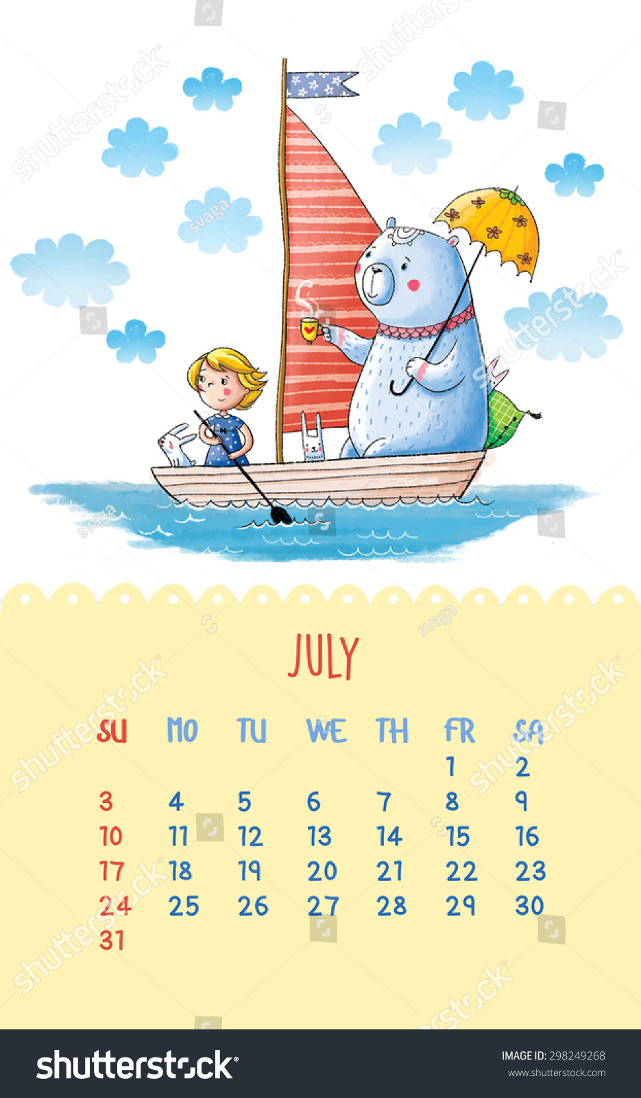 可爱的2016年日历与手绘插图.7月.卡通插图与贝尔和.