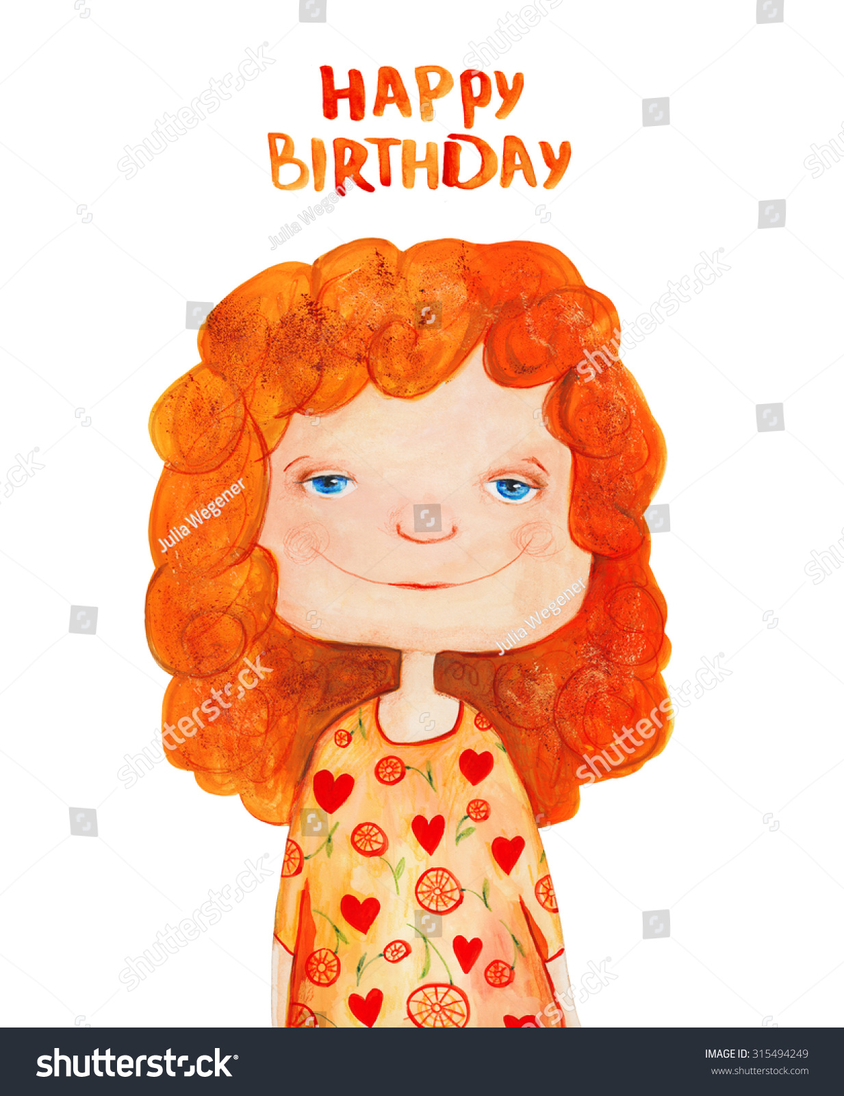 有红色卷发的女孩。生日快乐。水彩,水粉颜料