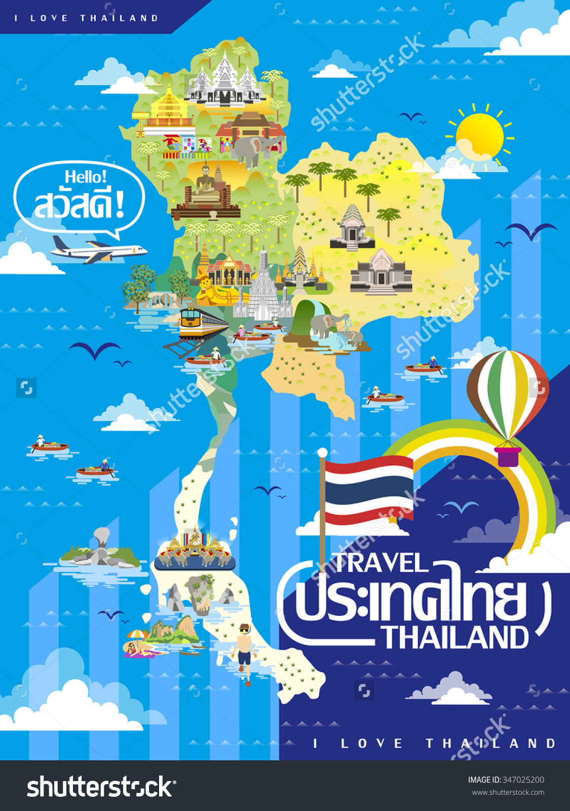 迷人的泰国旅游地图在平面风格-泰国和在泰国