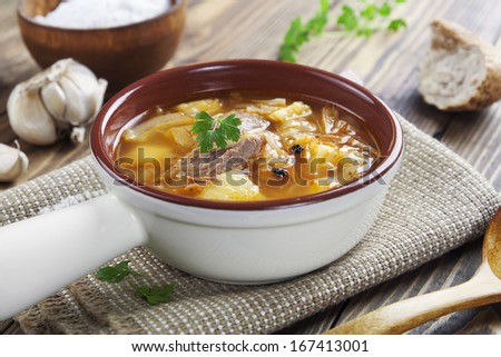 cabbage soup with meat. russian traditional dish