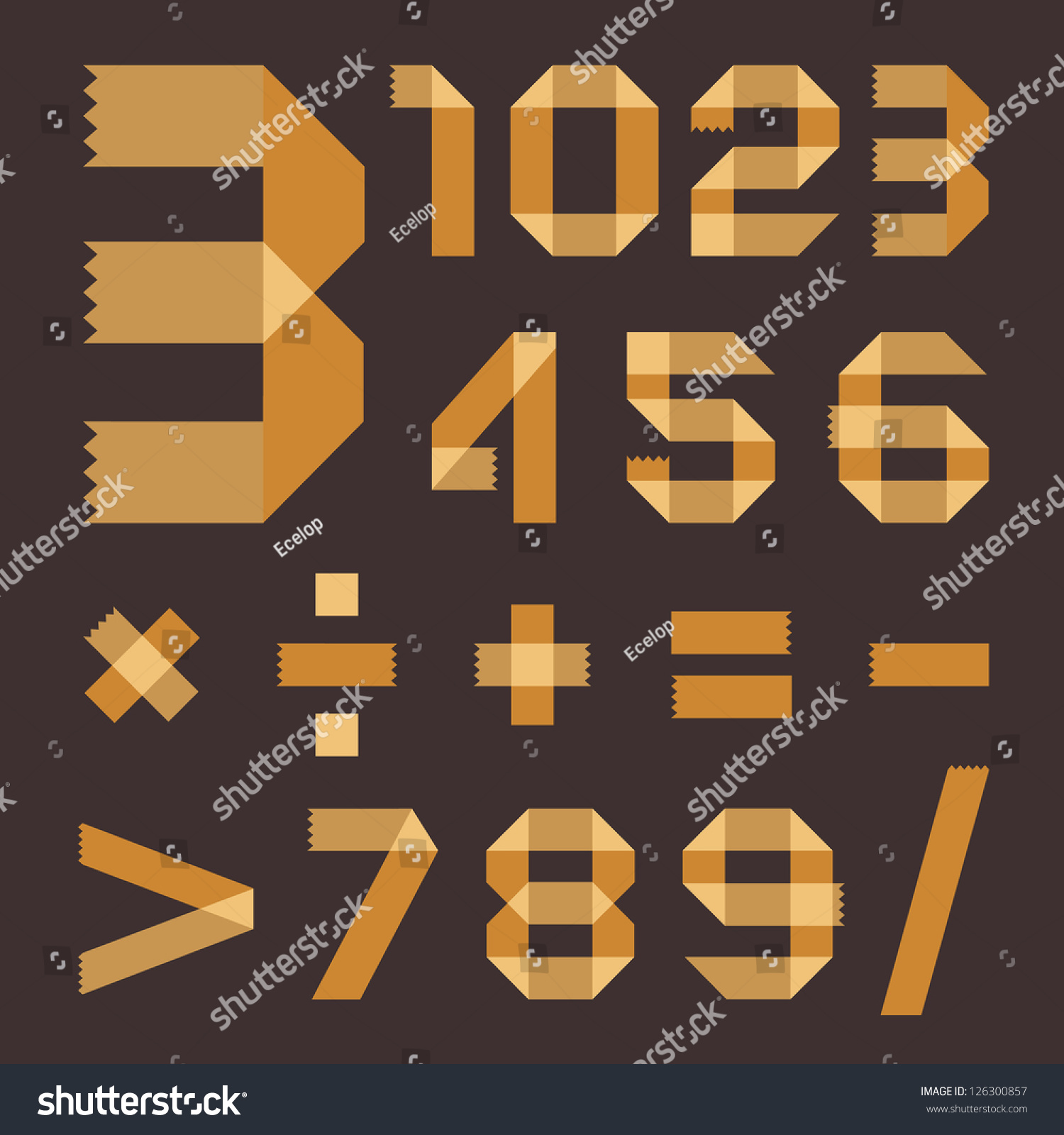 字體從淡黃色透明膠帶-阿拉伯數字(0,1,2,3,4,5,6,7,8,9).