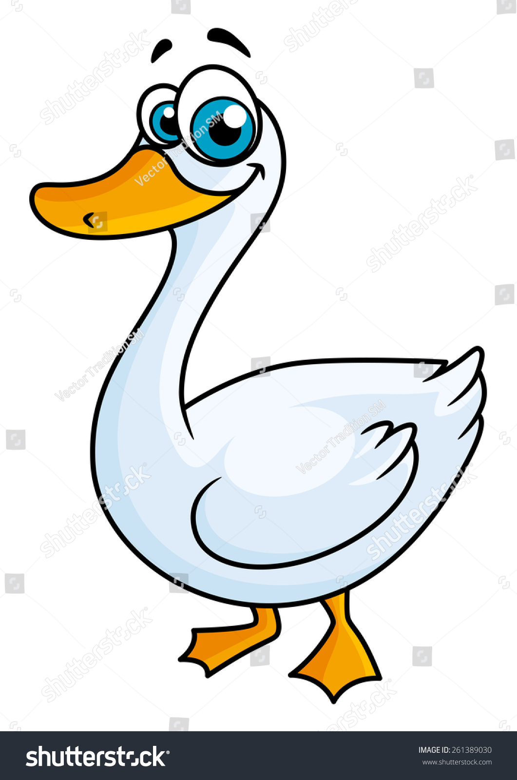 大眼睛的卡通鹅和黄色的喙在白色背景