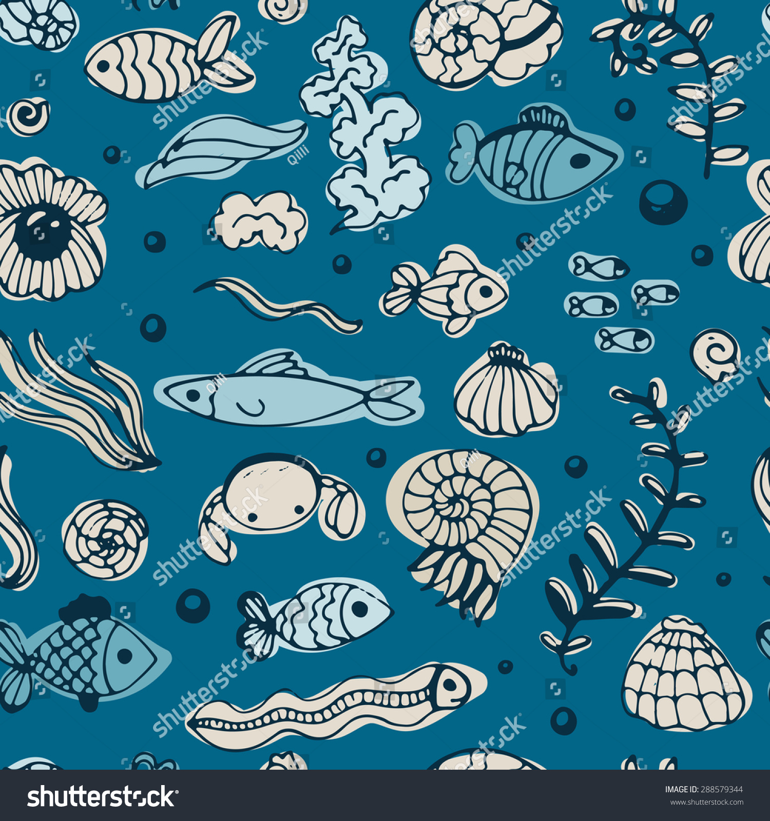 无缝的海洋模式与鱼类和贝壳.矢量手绘插图.