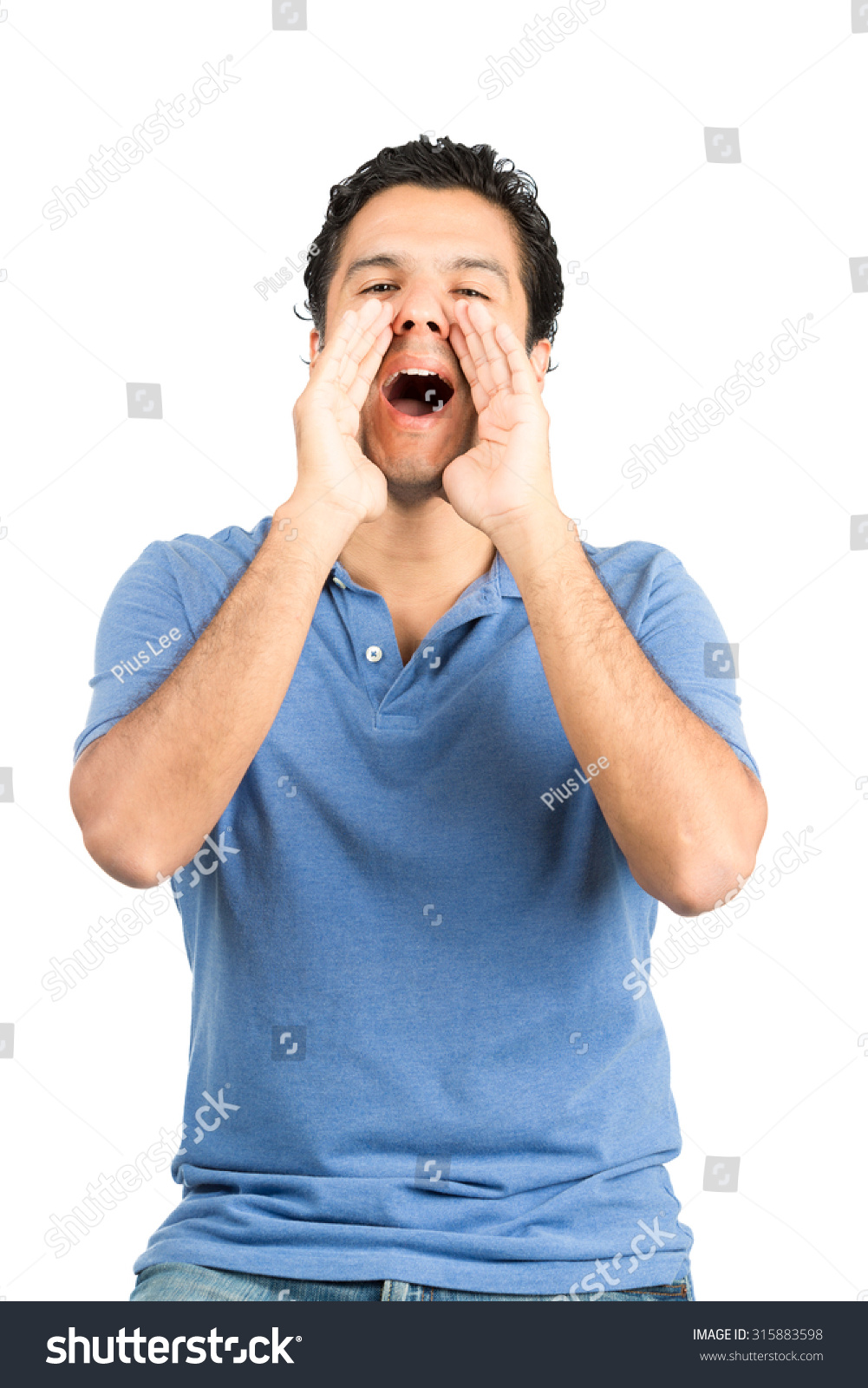 male casually dressed in blue collared shirt shouting, yelling